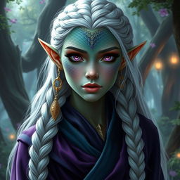 A hyper-realistic depiction of a high fantasy elf woman with dragon scales subtly integrated into her facial features