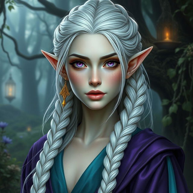 A hyper-realistic depiction of a high fantasy elf woman with dragon scales subtly integrated into her facial features