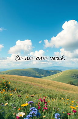 A beautiful, dreamy landscape featuring azure skies and rolling hills, with vibrant greenery and colorful wildflowers