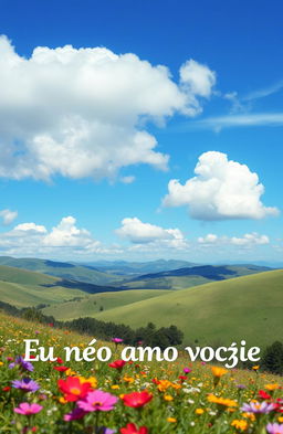 A beautiful, dreamy landscape featuring azure skies and rolling hills, with vibrant greenery and colorful wildflowers