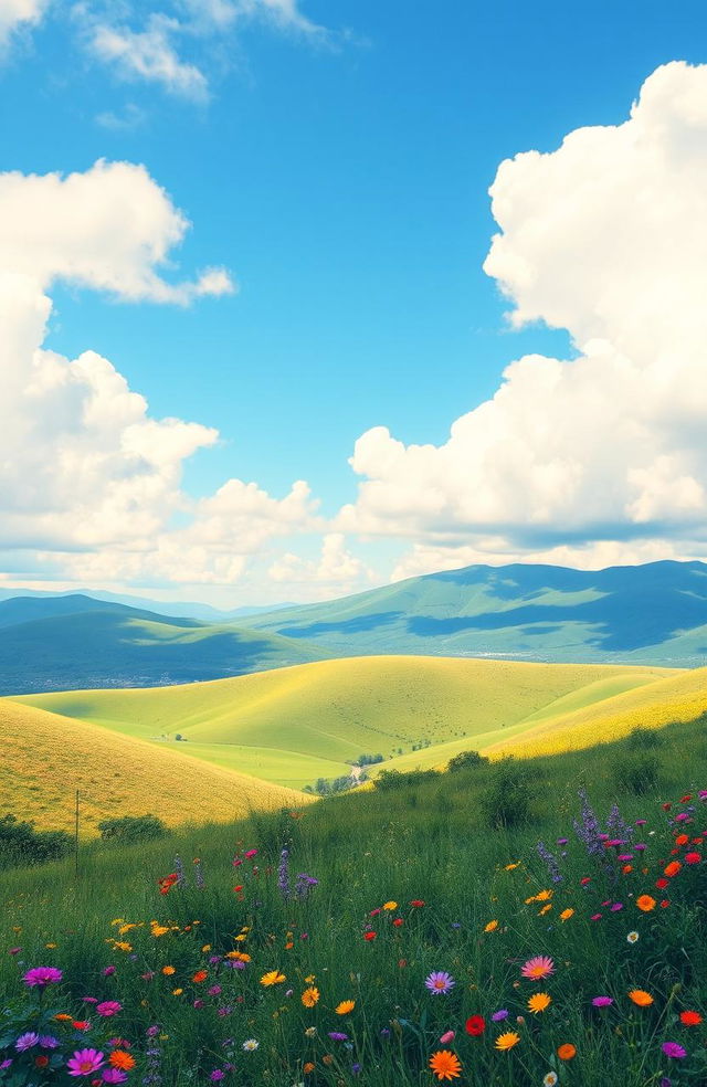 A beautiful, dreamy landscape featuring azure skies and rolling hills, with vibrant greenery and colorful wildflowers