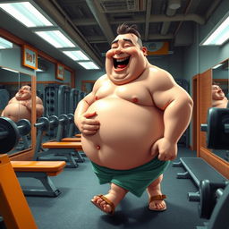 A comically exaggerated scene in a gym, showcasing a rotund man, jovially and humorously engaged in a playful act of self-pleasure, surrounded by gym equipment like weights, benches, and mirrors