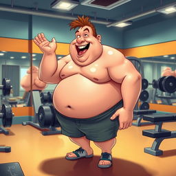 A comically exaggerated scene in a gym, showcasing a rotund man, jovially and humorously engaged in a playful act of self-pleasure, surrounded by gym equipment like weights, benches, and mirrors