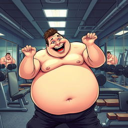 A comically exaggerated scene in a gym, showcasing a rotund man, jovially and humorously engaged in a playful act of self-pleasure, surrounded by gym equipment like weights, benches, and mirrors