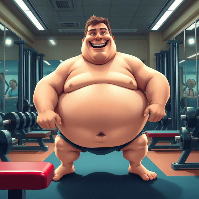 A comically exaggerated scene in a gym, showcasing a rotund man, jovially and humorously engaged in a playful act of self-pleasure, surrounded by gym equipment like weights, benches, and mirrors