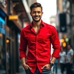A stylish and charismatic man standing confidently, wearing a vibrant red shirt that captures attention