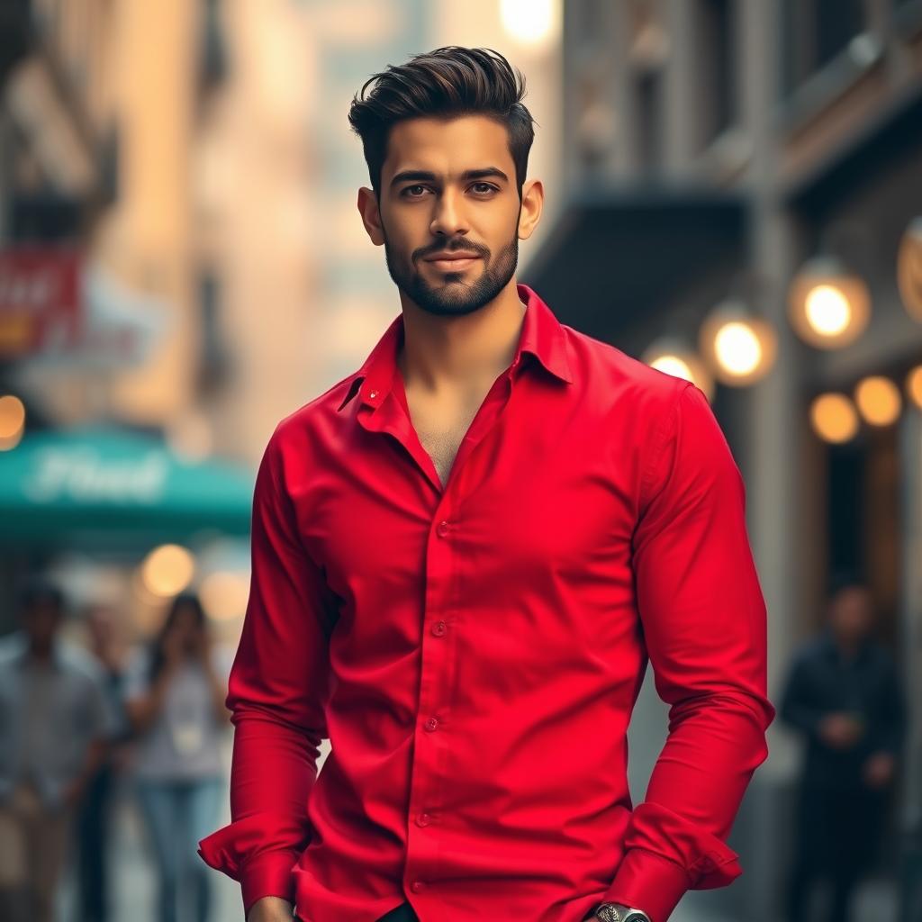 A stylish and charismatic man standing confidently, wearing a vibrant red shirt that captures attention