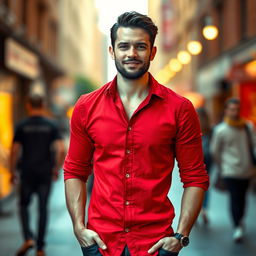 A stylish and charismatic man standing confidently, wearing a vibrant red shirt that captures attention
