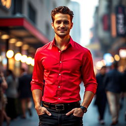 A stylish and charismatic man standing confidently, wearing a vibrant red shirt that captures attention