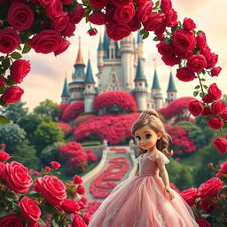 A vivid and enchanting poster featuring a grand castle adorned with numerous red roses in full bloom