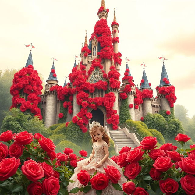 A vivid and enchanting poster featuring a grand castle adorned with numerous red roses in full bloom