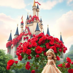 A vivid and enchanting poster featuring a grand castle adorned with numerous red roses in full bloom