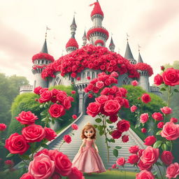 A vivid and enchanting poster featuring a grand castle adorned with numerous red roses in full bloom