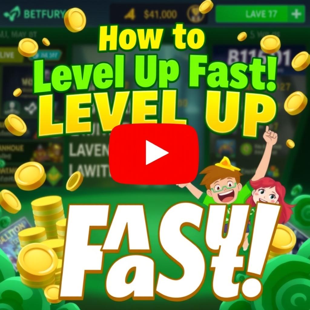 A vibrant YouTube thumbnail featuring a dynamic and colorful representation of Betfury, showcasing elements like coins and a leveling bar to symbolize progression