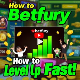 A vibrant YouTube thumbnail featuring a dynamic and colorful representation of Betfury, showcasing elements like coins and a leveling bar to symbolize progression