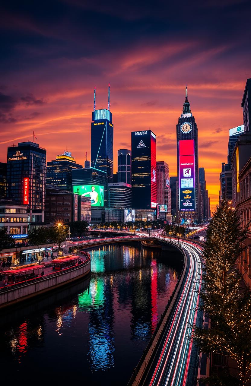 A stunning cityscape at night, beautifully illuminated with vibrant lights