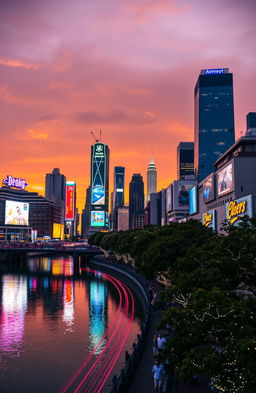 A stunning cityscape at night, beautifully illuminated with vibrant lights