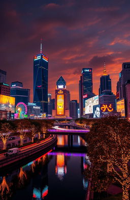 A stunning cityscape at night, beautifully illuminated with vibrant lights