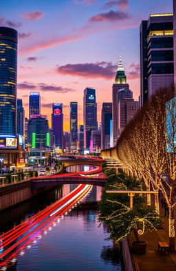 A stunning cityscape at night, beautifully illuminated with vibrant lights