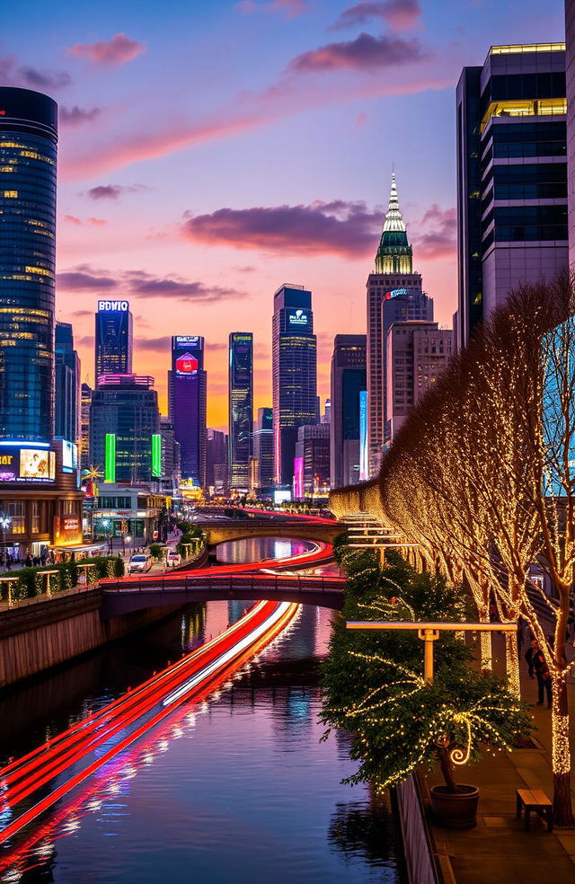 A stunning cityscape at night, beautifully illuminated with vibrant lights