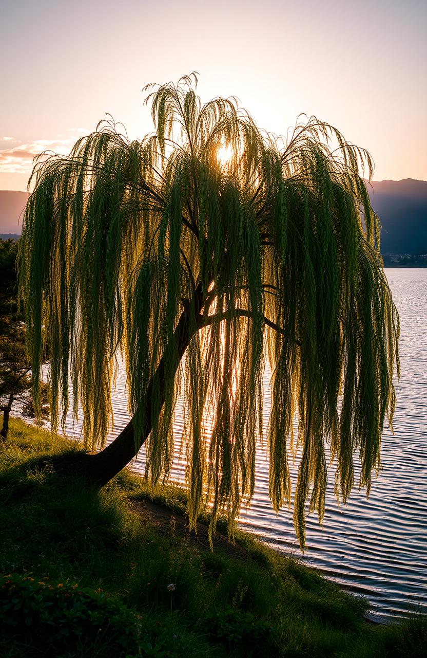 A majestic willow tree with long, flowing branches cascading towards the shimmering surface of a serene lake