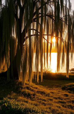 A majestic willow tree with long, flowing branches cascading towards the shimmering surface of a serene lake