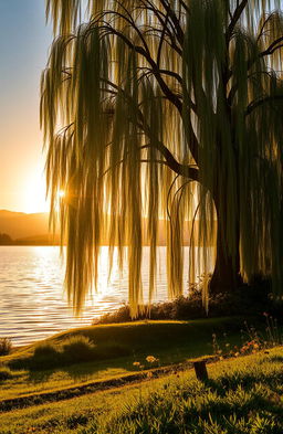 A majestic willow tree with long, flowing branches cascading towards the shimmering surface of a serene lake