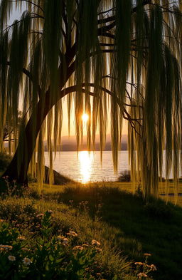 A majestic willow tree with long, flowing branches cascading towards the shimmering surface of a serene lake
