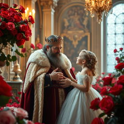 A majestic king conversing with his young princess in a beautifully decorated palace room
