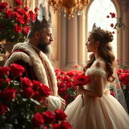 A majestic king conversing with his young princess in a beautifully decorated palace room