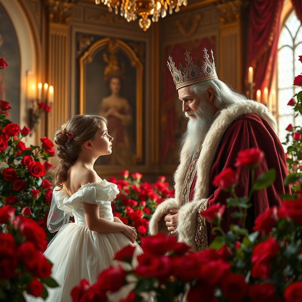 A majestic king conversing with his young princess in a beautifully decorated palace room