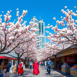 A picturesque scene of a vibrant street in South Korea during spring, featuring cherry blossom trees in full bloom framing the pathway