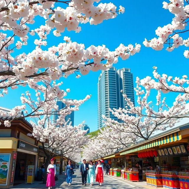 A picturesque scene of a vibrant street in South Korea during spring, featuring cherry blossom trees in full bloom framing the pathway