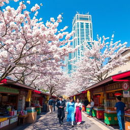A picturesque scene of a vibrant street in South Korea during spring, featuring cherry blossom trees in full bloom framing the pathway