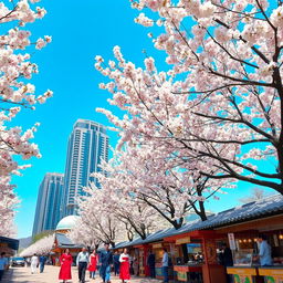 A picturesque scene of a vibrant street in South Korea during spring, featuring cherry blossom trees in full bloom framing the pathway