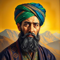 A highly detailed portrait of Dost Muhammad, an influential historical figure, depicted with rich, vibrant colors
