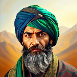 A highly detailed portrait of Dost Muhammad, an influential historical figure, depicted with rich, vibrant colors