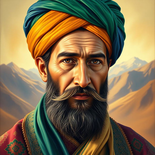 A highly detailed portrait of Dost Muhammad, an influential historical figure, depicted with rich, vibrant colors