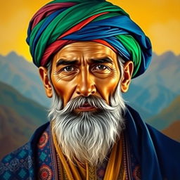 A highly detailed portrait of Dost Muhammad, an influential historical figure, depicted with rich, vibrant colors