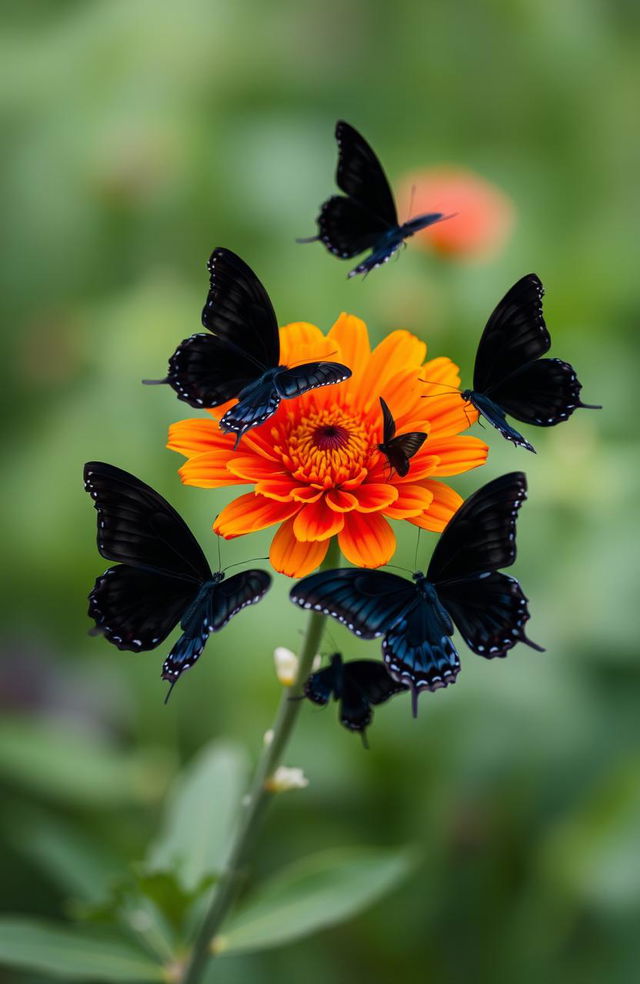 A beautiful, vibrant flower in the center of the image, surrounded by several black butterflies gracefully fluttering around it