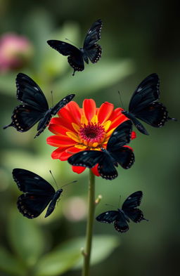 A beautiful, vibrant flower in the center of the image, surrounded by several black butterflies gracefully fluttering around it