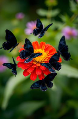 A beautiful, vibrant flower in the center of the image, surrounded by several black butterflies gracefully fluttering around it