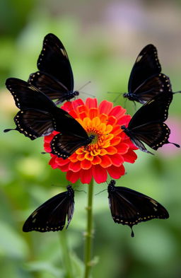 A beautiful, vibrant flower in the center of the image, surrounded by several black butterflies gracefully fluttering around it