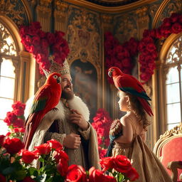 A royal scene featuring a king with a majestic appearance, engaging in a warm conversation with his young daughter