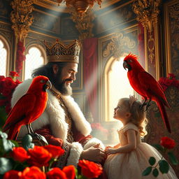 A royal scene featuring a king with a majestic appearance, engaging in a warm conversation with his young daughter
