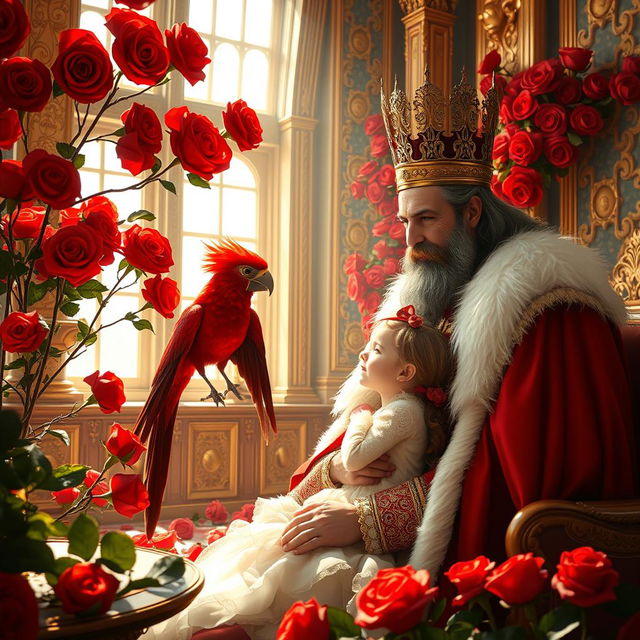 A royal scene featuring a king with a majestic appearance, engaging in a warm conversation with his young daughter
