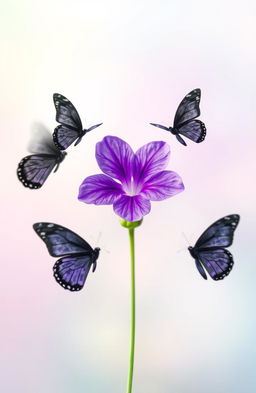 A vibrant purple flower positioned prominently at the center of the image, surrounded by elegant black butterflies gently fluttering around