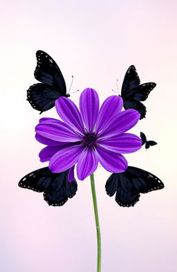 A vibrant purple flower positioned prominently at the center of the image, surrounded by elegant black butterflies gently fluttering around