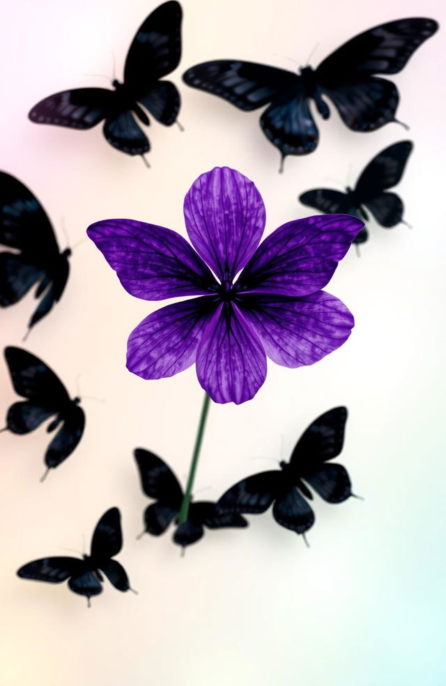 A vibrant purple flower positioned prominently at the center of the image, surrounded by elegant black butterflies gently fluttering around