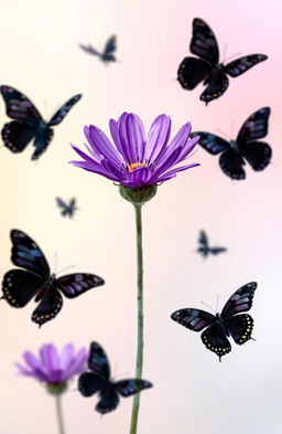 A vibrant purple flower positioned prominently at the center of the image, surrounded by elegant black butterflies gently fluttering around